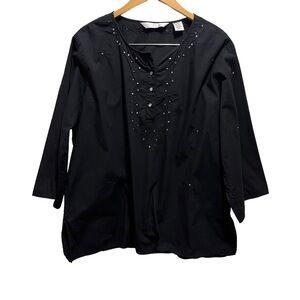 ALC Woman Black 1/4 Button Down 3/4 Sleeve Pullover Lightweight 100% Cotton